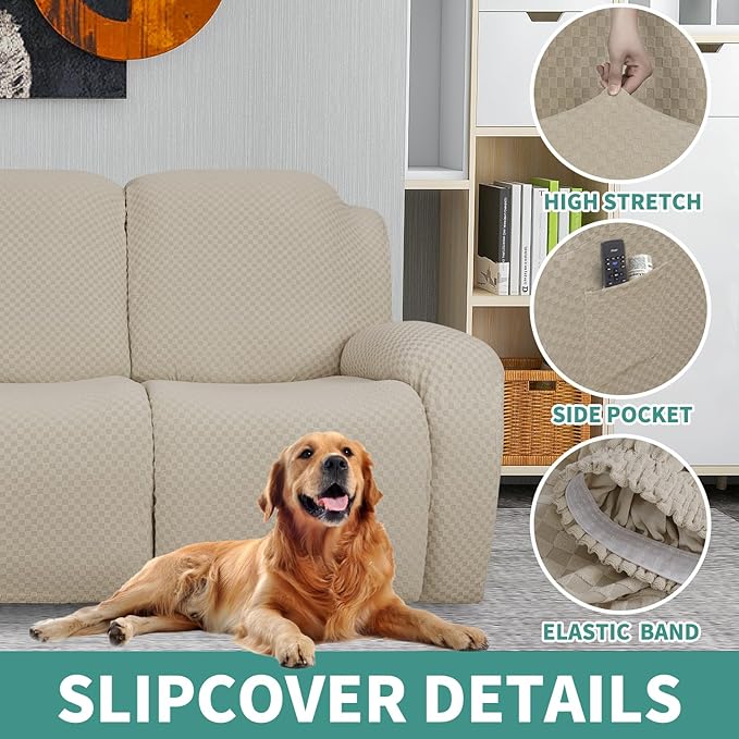 YEMYHOM 8 Pieces Stretch Recliner Sofa Cover Latest Jacquard Reclining Couch Cover with Side Pocket Anti-Slip Fitted 3 Cushion Furniture Slipcovers with Elastic Bottom (Sofa Recliner, Khaki)