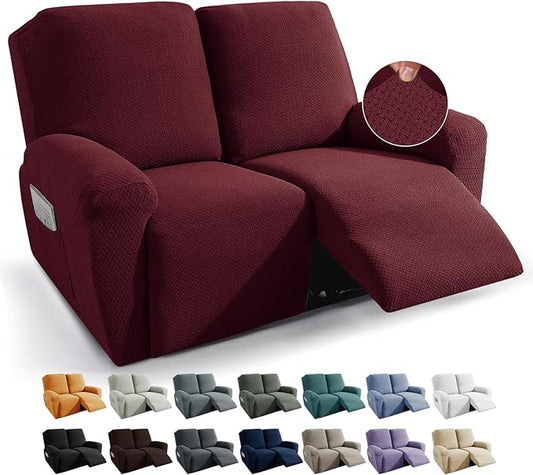 JIVINER 6-Piece Loveseat Recliner Slipcover Stretch Jacquard Recliner Sofa Cover 2 Seater Washable Reclining Couch Cover with Pocket Fitted Furniture Protector Cover (Loveseat Recliner, Wine Red)