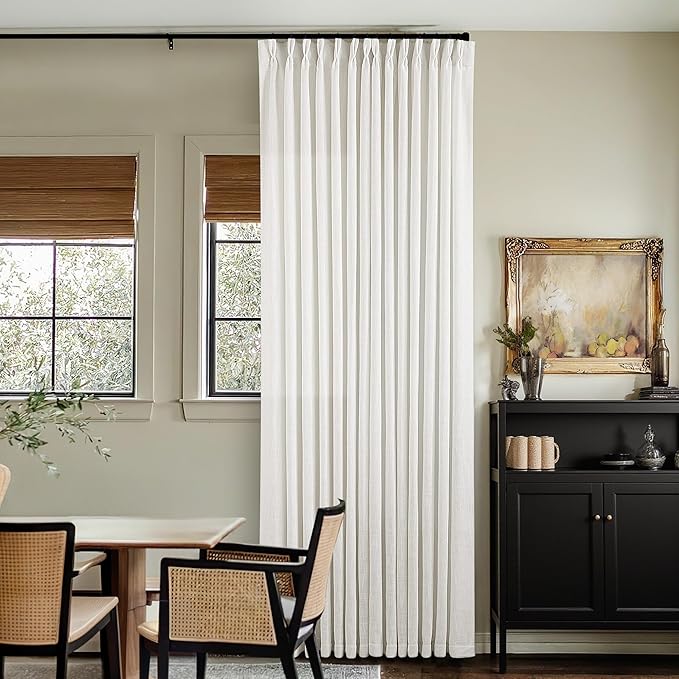 Pinch Pleated Linen Curtains 94 Inches Long for Living Room Bedroom Light Filtering Boho Window Drape 94 inch 2 Panels with Hooks Rings Cream Beige White Sliding Glass Door Semi Sheer Curtain