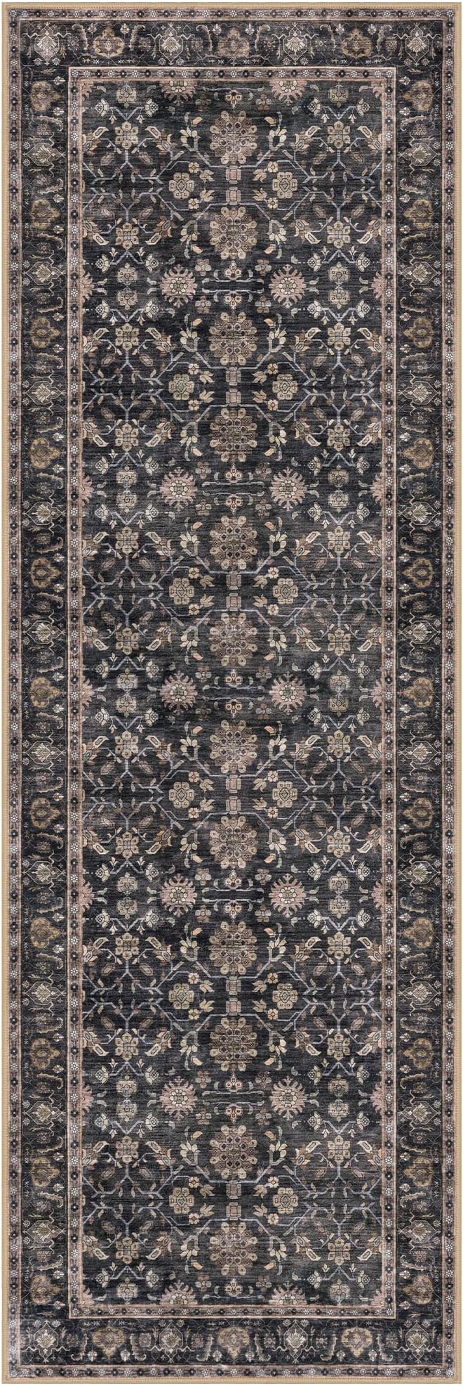 KUTA Runners for Hallways 2x6, Vintage Floral Rug Non-Slip Washable Kitchen Rugs Brown Ultra Thin Soft Printed Distressed Flower Carpet Entryway Rugs for Bedroom Laundry Nursery