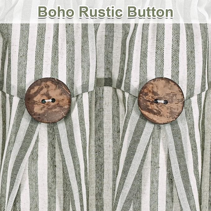 ASPMIZ Farmhouse Valances for Windows, Cotton Linen Kitchen Curtains Valances with Rustic Buttons, Green Striped Window Valance for Living Room, Boho Valance Curtains for Bathroom, 52 x 18 Inches