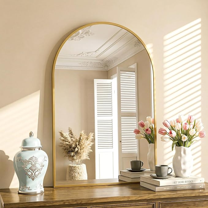Antok Arched Bathroom Mirror, 24"x36" Wall Mounted Mirror, Vanity Mirrors for Over Sink, Aluminum Alloy Frame Bathroom Mirrors Living Room, Bedroom and Entryway, Gold
