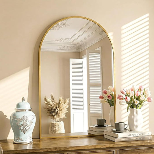 Antok Arched Bathroom Mirror, 24"x36" Wall Mounted Mirror, Vanity Mirrors for Over Sink, Aluminum Alloy Frame Bathroom Mirrors Living Room, Bedroom and Entryway, Gold