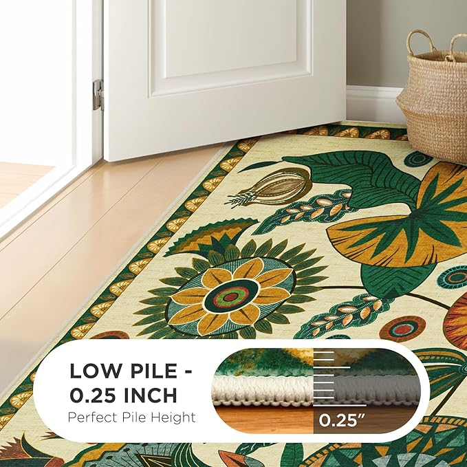 Joydeco Egypt Floral Boho 6x9 Area Rugs for Living Room, Beige Washable Bedroom Dining Room Rug Non Slip, Low Plie Vintage Soft Indoor Throw Carpet for Playroom Nursery Dorm Classroom
