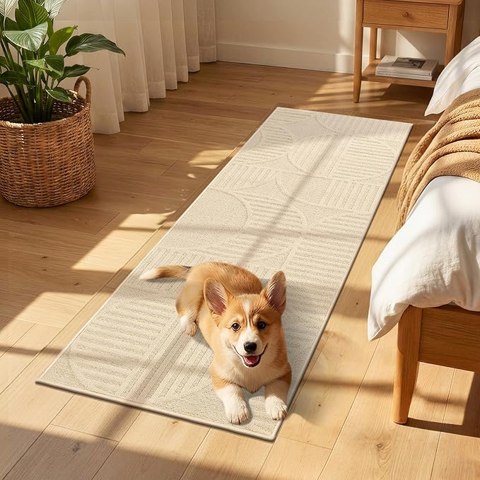 Findosom Washable Runner Rug 2x8, Geometric High-Low Textured Non Slip Hallway Runner Rug with Rubber Backing, Boho Carpet Runner for Kitchen, Bedroom, Laundry, Entryway, Bathroom, Beige