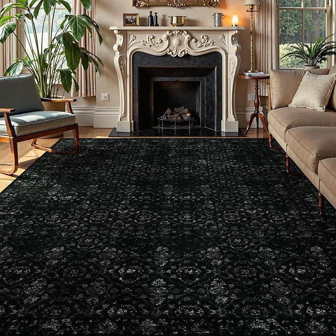 Hedlive Vintage Black Rug for Living Room 9x12, Ultra-Thin Washable Large Area Rugs for Dining Room Non Slip, Stain Resistant Bedroom Rug for Home High Traffic Area (9'x12', Black)