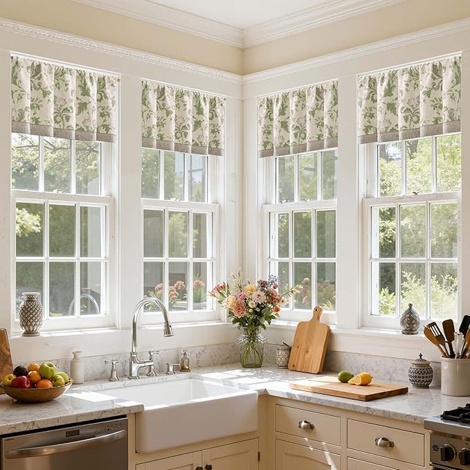 jinchan Linen Valance Curtain Farmhouse Window Decor Floral Print for Kitchen Living Room Double Layer Blackout Valance 18 Inches Rustic Window Treatment 1 Panel Rod Pocket Geen on Beige