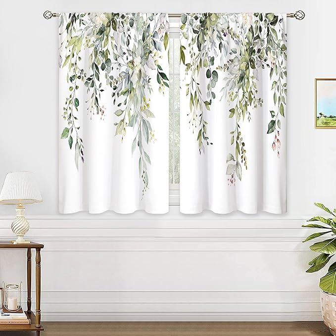 Eucalyptus Botanical Leaves Floral Kitchen Window Curtains Over Sink Farmhouse Flower Leaf Small Window Treatment Sage Green Cafe Short Curtains for Bathroom Treatment Tier Drapes 26x45 inch