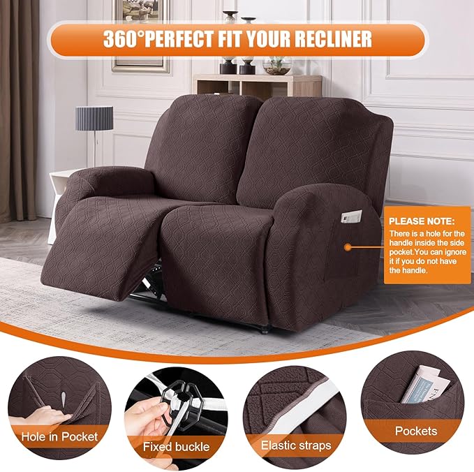 VANSOFY Recliner Cover, 2-Pieces Stretch Reclining Couch Cover with Pockets Loveseat Sofa Slipcovers Soft Washable Furniture Protector for Dogs(Dark Coffee)