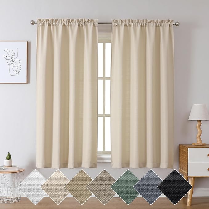Chyhomenyc Bedroom Curtains 54 Inch Length 2 Panels, Faux Linen Textured Semi Light Filtering Soft Airy Rod Pocket Window Treatment Drapes for Living Room, Each 30Wx54L, Linen Color