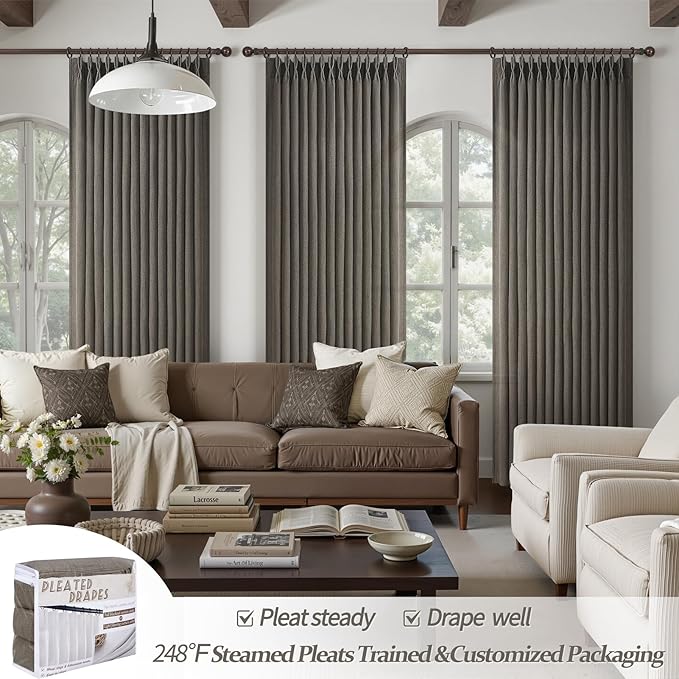 Pleated Chocolate Tart Natural Linen Curtains 96 Inches Long for Sliding Glass Doors, Memory Trained Semi Sheer Drapes Light Filtering Privacy 8FT Length Rustic Windows Curtain 2 Panels Set Back Tab