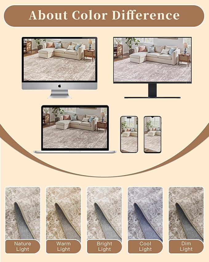 Madane 5x7 Area Rugs for Living Room, Washable Vintage Natural Rug with Non-Slip Backing, Soft Floral Print Throw Rugs Floor Low Pile Carpet for Bedroom Dining Room Farmhouse (5 x 7, Brown/Sand)