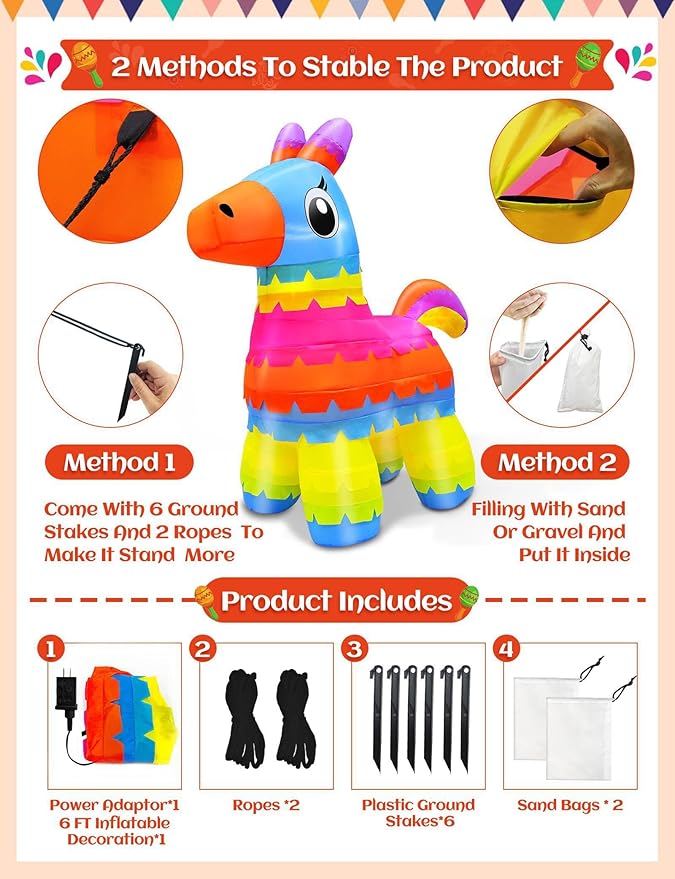 TURNMEON 6 Ft Cinco De Mayo Inflatables, Fiesta Inflatables Pinata Party Decorations Blow Up Fiesta Donkey Built-in LED Lights Mexican Theme Decorations for Fiesta Party Yard Garden Outdoor Decor