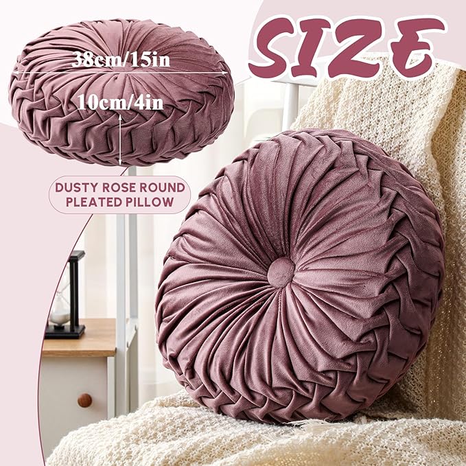 Drydiet 1 Pcs Round Throw Velvet Pillows Decorative Pleated Throw Pillows 15'' Diameter Accent Pumpkin Boho Chair Cushion for Couch Sofa Home Decoration (Dusty Rose)