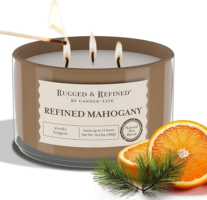 Candle-Lite Scented Candles for Men, Refined Mahogany Fragrance, 16.25 oz Jar, 3-Wick, 51 Hours of Burn Time, Masculine Aromatherapy with Long Lasting Scent, Ideal Gift for Father's Day and Home Decor