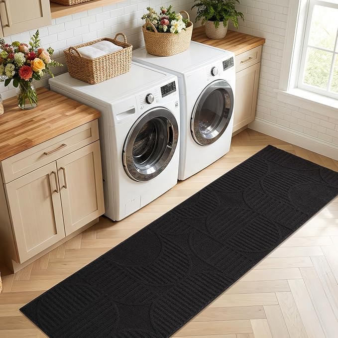 Findosom Washable Runner Rug 2x6, Geometric High-Low Textured Non Slip Hallway Runner Rug with Rubber Backing, Boho Carpet Runner for Kitchen, Bedroom, Laundry, Entryway, Bathroom, Black