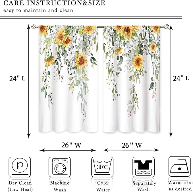 Eucalyptus Botanical Leaves Sunflower Floral Kitchen Window Curtains Over Sink Farmhouse Flower Leaf Small Window Treatment Cafe Short Curtains for Bathroom Treatment Tier Drapes 26x24 inch