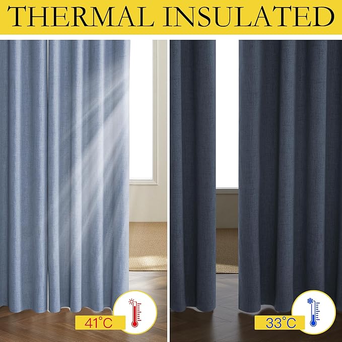 NICETOWN Stone Blue Vintage Linen 100% Blackout Curtains for Dining Room, Thermal Insulated Curtains 54" Long, Noise Reducing Window Treatment Drapes for Kitchen, 42" Wide Per Panel, Set of 2
