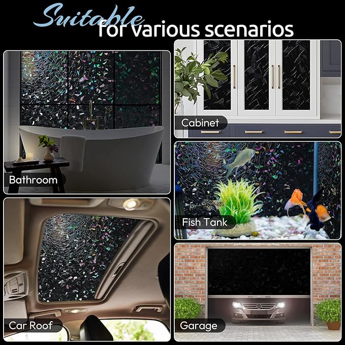 rabbitgoo Window Privacy Film Rainbow Film Decorative Window Sticker, 3D Static Stained Glass Cling Tint for Room Darkening Day Sleep, Black, 17.5 x 157.4 inches