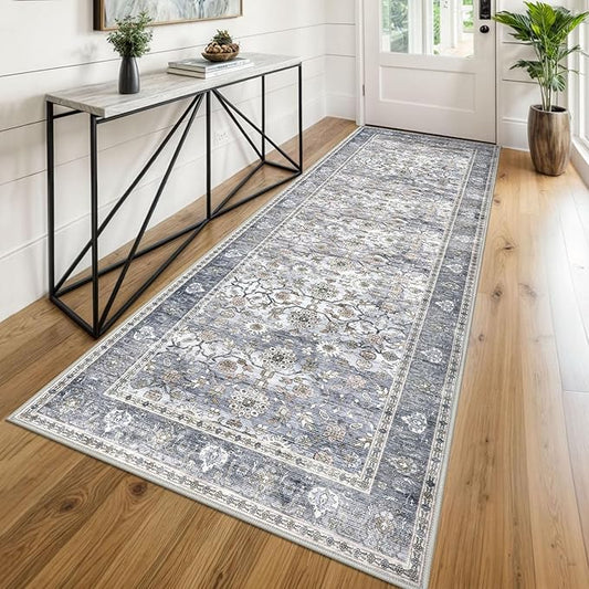 KUTA Vintage Wide Runners for Hallways 3x8 ft Washable Kitchen Runner Non Slip Rubber Backed Grey Blue Hall Runners Entryway Runner Rugs Floor Carpet for Indoor Backdoor Bedroom Kitchen