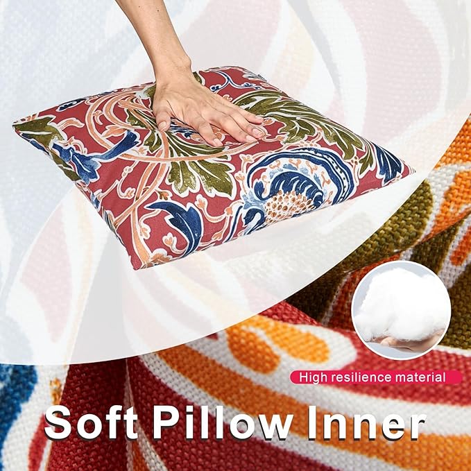 JMGBird Water-Resistant Outdoor Pillows Set of 2, 18x18 inch Durable Red with Pomegranate Flower Pattern Throw Pillows with Inserts for Patio Furniture