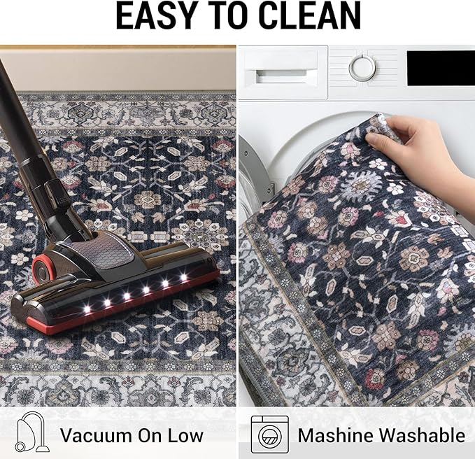 KUTA 3x5 Rugs for Entryway, Vintage Floral Area Rug Washable Non-Slip Grey Black Beige Ultra Thin Soft Printed Distressed Entry Low-Pile Throw Carpet for Bedroom Nursery Living Room