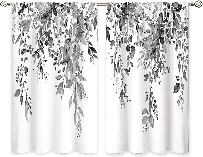 Eucalyptus Botanical Leaves Grey Floral Kitchen Window Curtains Over Sink Farmhouse Flower Leaf Small Window Treatment Cafe Short Curtains for Bathroom Treatment Tier Drapes 26x36 inch