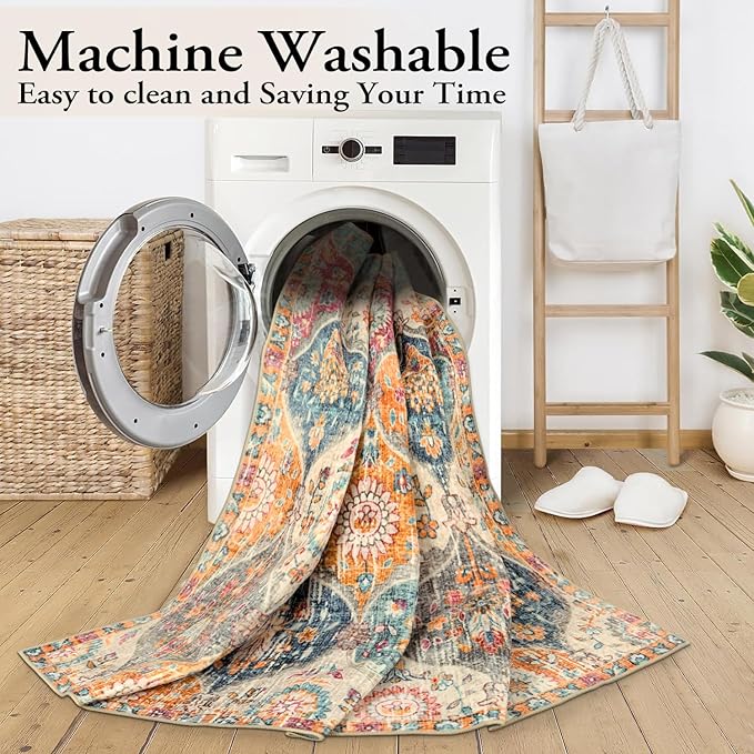 Lahome Moroccan Washable Area Rugs 9x12 Living Room, Soft 9x12 Area Rug for Bedroom, Oriental Non-Slip Non Shedding Throw Large Carpet for Dining Room Office Elise, Cream/Multi