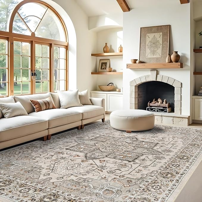 RUUGME Living Room 9x12 Rugs - Washable Large Boho Area Rugs for Stain Resistant Carpet Vintage Tribal Rugs for Bedroom Kitchen with Non Slip Backing Decor Floor Decoration Mat 9x12 Ivory
