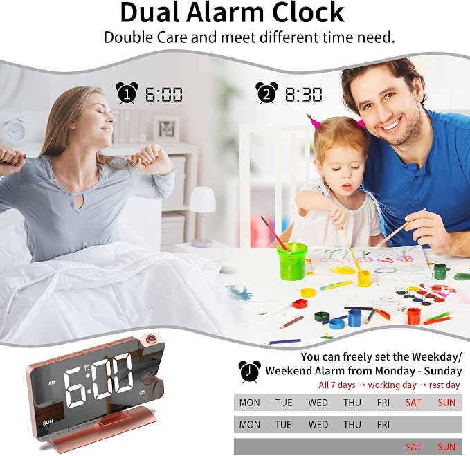 Projection Alarm Clock for Bedroom Ceiling, Pink Room Decor Digital Clock - Image 5