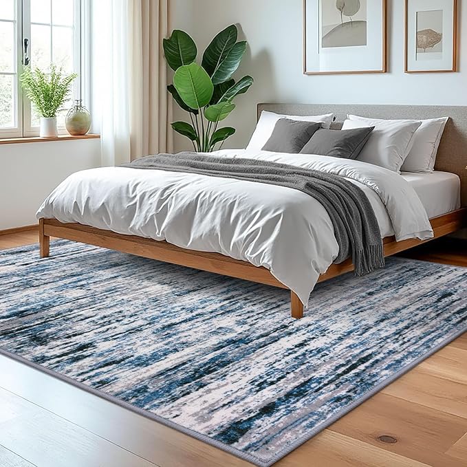 Lansny Modern Abstract 5x7 Machine Washable Area Rug Non-Slip Soft Bedroom Living Romm Rug Grey Blue White Thin Print Faux Wool Floor Carpet Throw Rugs for Nursery Playroom Dining Room Indoor