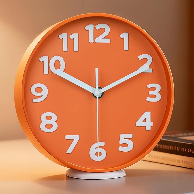 45MinST 8-Inch Orange Modern Wall Clock ?€? Silent Non-Ticking, 3D Large Numbers, Accurate Timekeeping | Decorative Wall & Desk Clock with Stand for Living Room, Bedroom, Kitchen, or Office
