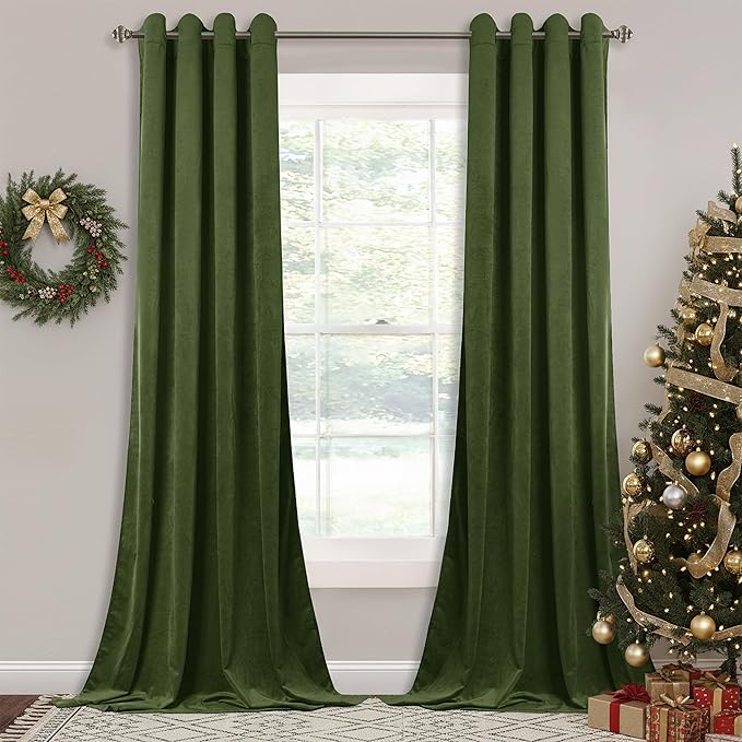 StangH Moss Green Velvet Curtains 120 inches Long - Grommet Design Blackout Thermal Insulated Curtain Panels Holiday Decorative Backdrops for Dining/Farmhouse/Parlor, W52 x L120, 2 Panels