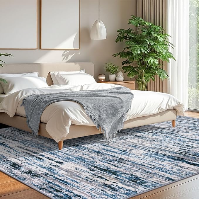 Lansny Modern Abstract 8x10 Large Machine Washable Living Room Rug Non-Slip Soft Bedroom Area Rug Grey Blue White Thin Print Faux Wool Carpet Throw Rugs for Nursery Playroom Dining Room Indoor