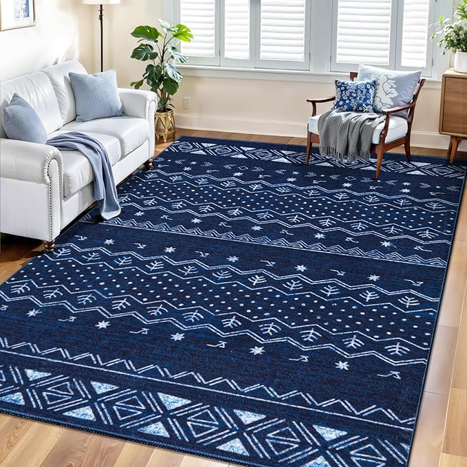 SERISSA 4x6 Area Rugs for Living Room, Washable Non-Slip Blue and White Boho Rug, Soft Low-Pile Geometric Indoor Carpet for Dining Room Bedroom Home Office Nursery
