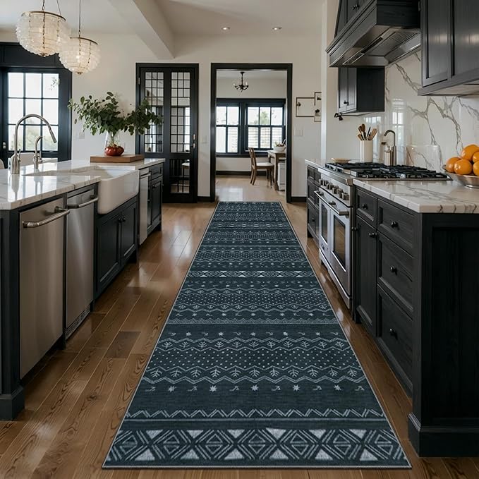 SERISSA Hallway Runner Rug, 2'6"x8' Washable Non-Slip Grey Boho Rug, Soft Low-Pile Geometric Indoor Long Carpet for Kitchen Laundry Room Bathroom