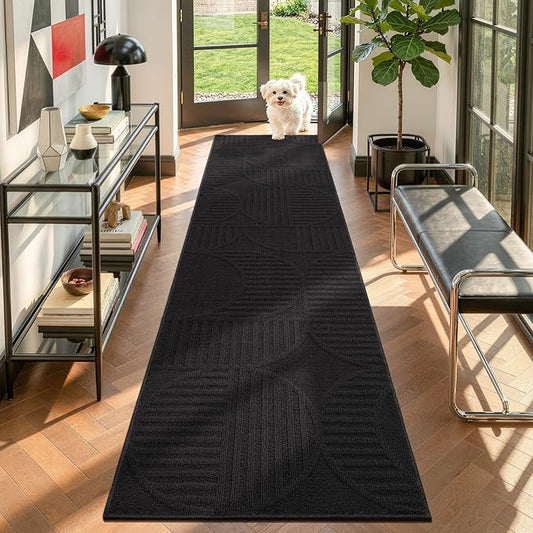 Findosom Washable Runner Rug 2x8, Geometric High-Low Textured Non Slip Hallway Runner Rug with Rubber Backing, Boho Carpet Runner for Kitchen, Bedroom, Laundry, Entryway, Bathroom, Black