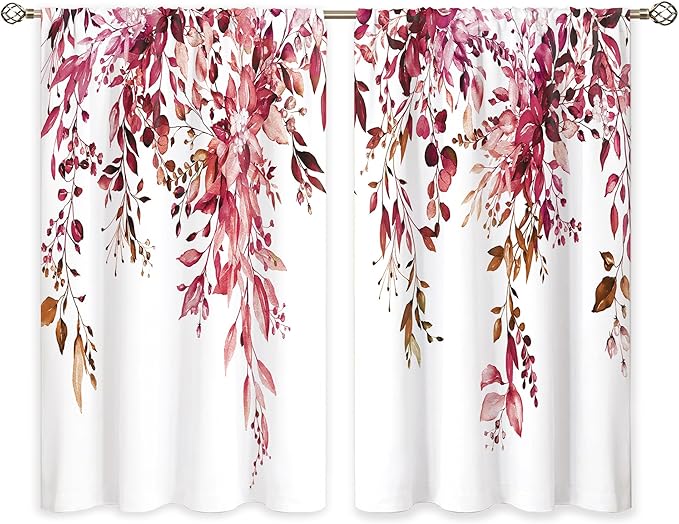 Burgundy Eucalyptus Small Kitchen Curtains Watercolor Red Leaves Window Treatment Flower Floral Plant Botanical Cafe Short Curtains for Bathroom Dining Fall Tier Treatment Drapes 26x24 inch