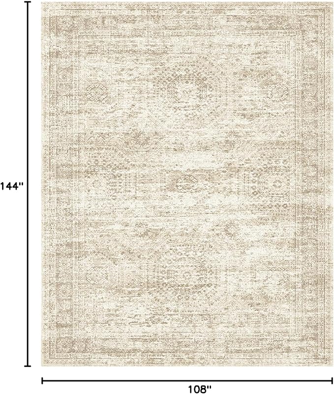 Soalmost 9x12 Area Rugs for Living Room, Non Slip Machine Washable Vintage Rugs, Low Pile Lightweight Large Rug for Bedroom, Dining Room, Home Office Beige