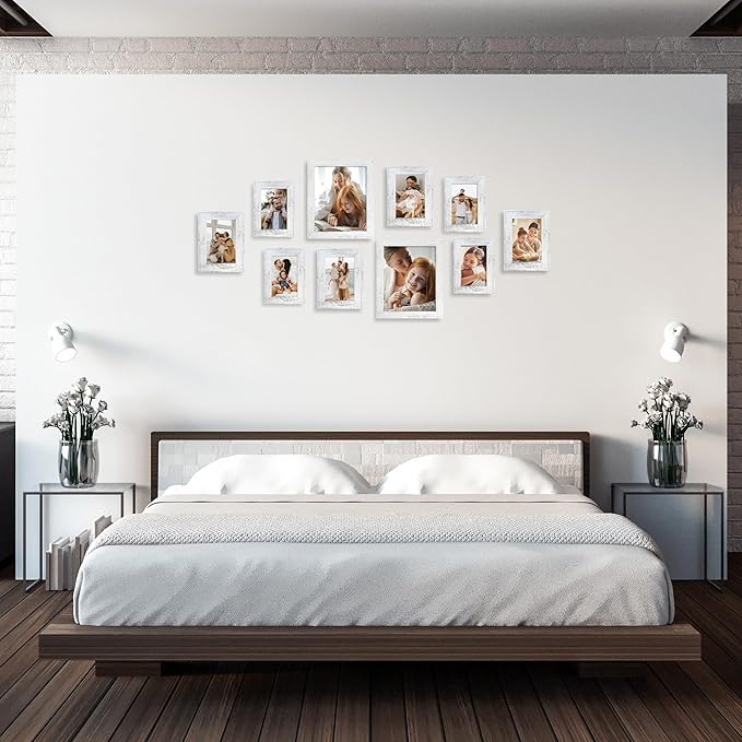 iRahmen Collage Picture Frames Set of 10, Wall Decor for Mounting or Tabletop Display, Family Photo Gallery Frame Set - Multi Sizes Including Two 8x10, Four 5x7, Four 4x6, HD Glass, Rustic Wood
