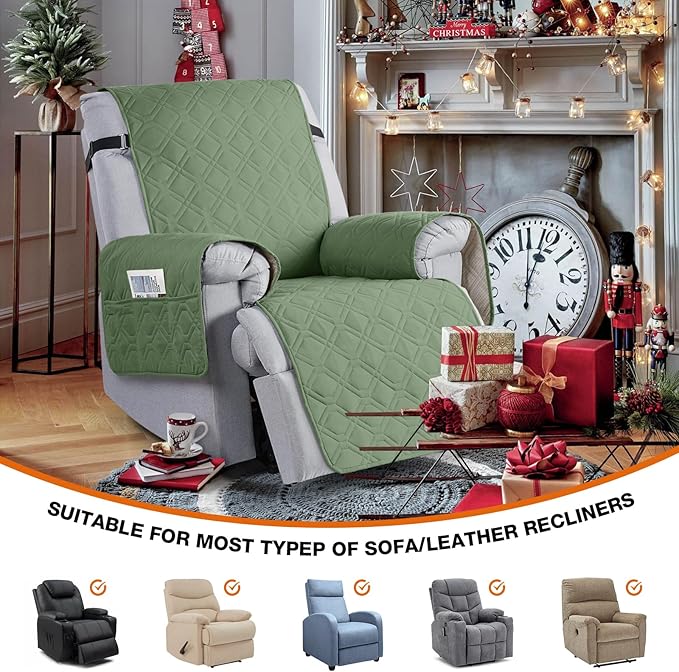 VANSOFY 100% Waterproof Recliner Chair Covers, Recliner Cover Non-Slip Dog Chair Cover Furniture Protector Washable Slipcover with Pocket, Elastic Straps for Pets, Dogs(Bean Green, 25")