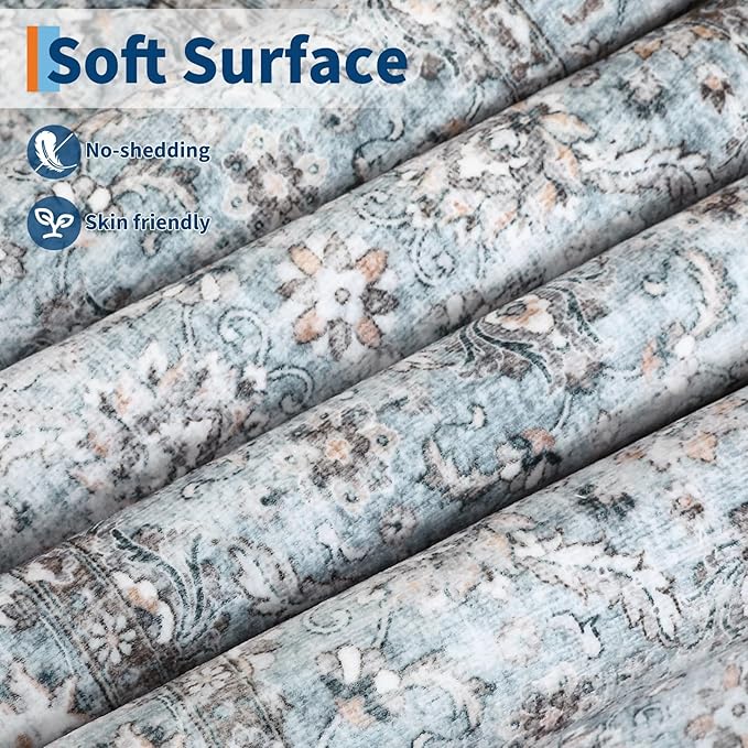 GarveeHome Hallway Washable Runner Rug 2x6 Vintage Soft Kitchen Rugs with Non Slip Backing, Low Pile Stain Resistant Distressed Oriental Floral Print Carpet for Bedroom, Bathroom, Grey and Blue