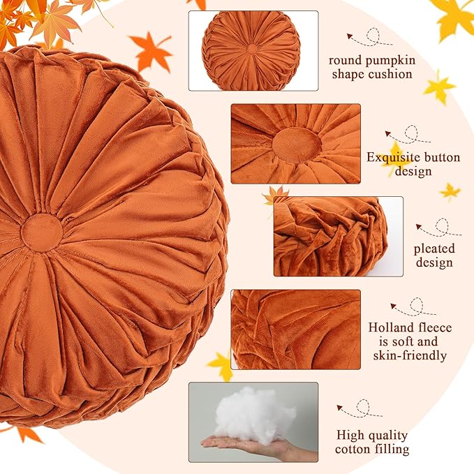 Drydiet 4 Pcs Round Throw Velvet Pillows Decorative Pleated Throw Pillows 15'' Diameter Accent Pumpkin Boho Chair Cushion for Couch Sofa Home Decoration (Fall Color)