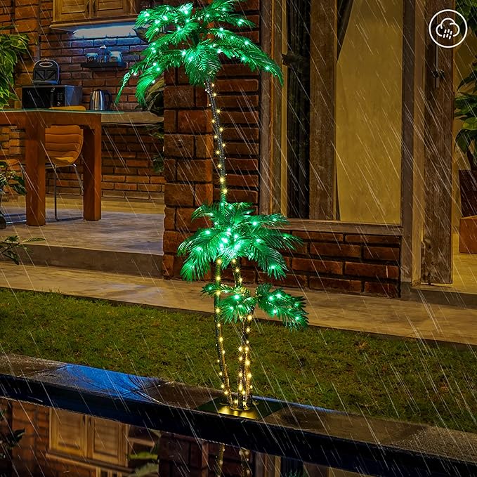 LIGHTSHARE Lighted 7FT Gorgeous Palm Tree 3Trunks Artificial Palm Tree 218LED Lights for Office Decoration Outdoor and Indoors Tiki Bar Christmas Patio Pool-Solar