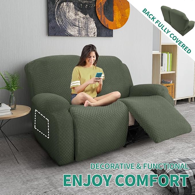 YEMYHOM 6 Pieces Stretch Loveseat Recliner Slipcover Jacquard Recliner Sofa Cover with Side Pocket Fitted Recliner Cover Couch Furniture Protector with Elastic Bottom (Medium, Army Green)