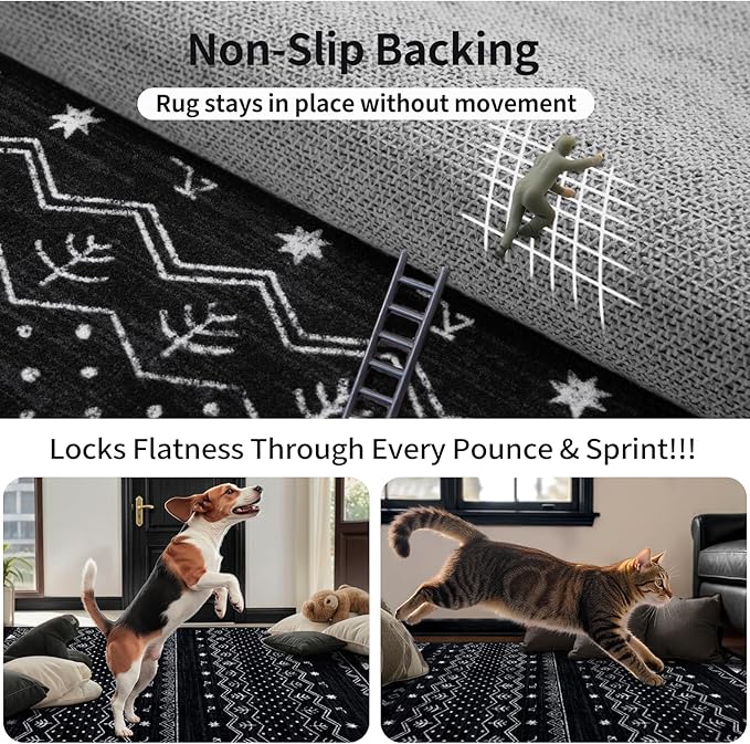 SERISSA Hallway Runner Rug, 2'6"x8' Washable Non-Slip Black and White Boho Rug, Soft Low-Pile Geometric Indoor Long Carpet for Kitchen Laundry Room Bathroom Bedroom Entryway
