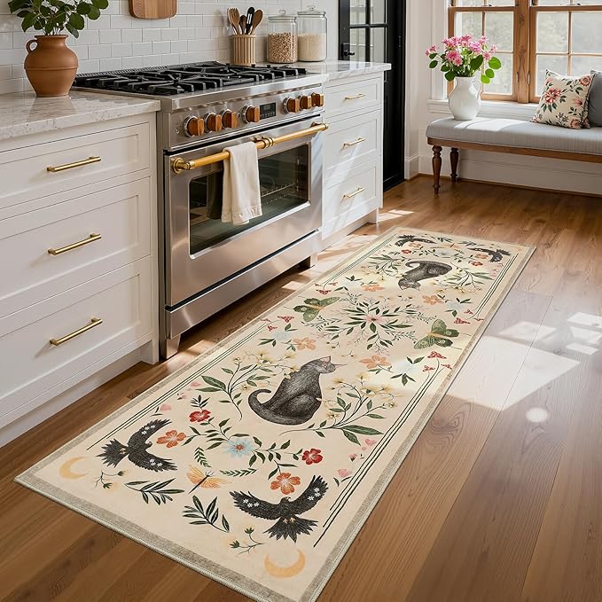GarveeHome 2x6 Cat Washable Runner Rug for Kitchen, Soft Beige Hallway Runner Non Slip Mushroom Moths Entryway Rug Floral Laundry Mat Stain Resistant Carpet for Bedroom Bathroom Beside Rug