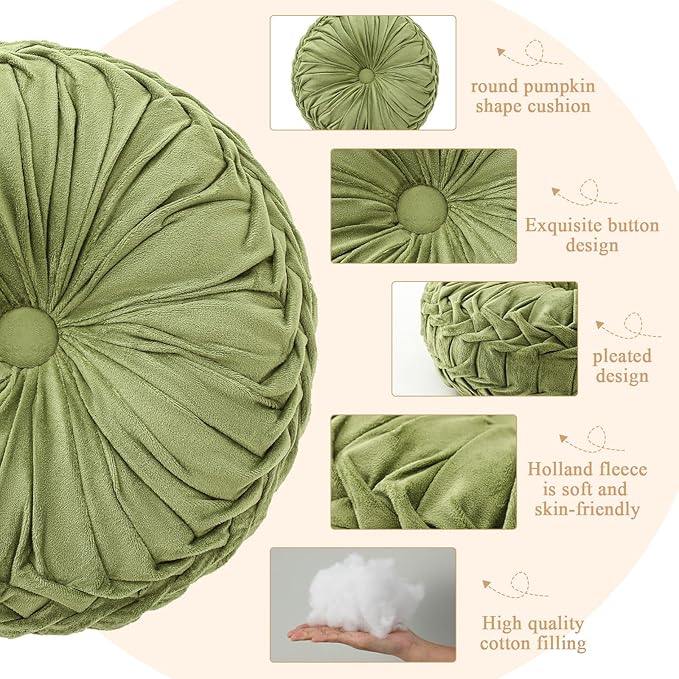 Drydiet 2 Pcs Round Throw Velvet Pillows Decorative Pleated Throw Pillows 15'' Diameter Accent Pumpkin Boho Chair Cushion for Couch Sofa Home Decoration (Olive Green)