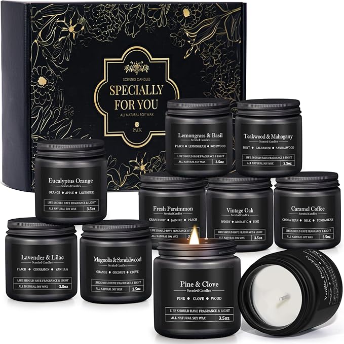 Manly Scented Candles for Men, 10 Pack Soy Candles for Home Scented, Aromatherapy Candle Set, Up to 250H Burning, Masculine Mens Candle Gift Set for Father Boyfriend Him Birthday Valentine's Day Gifts