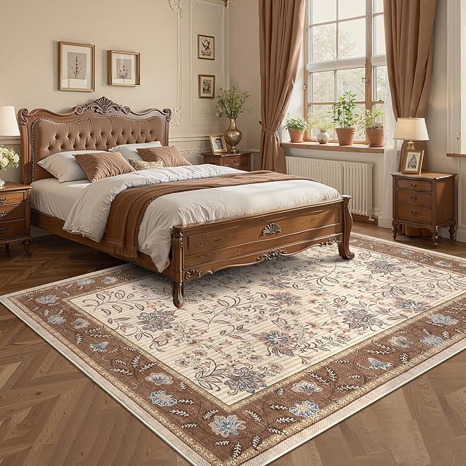 GarveeHome Large Area Rugs 9x12 for Living Room, Brown Washable Rug Soft Non Slip Backing Country Mat Carpet Indoor Botanical Floral Rug for Bedroom Dining Room Playroom Nursery Room